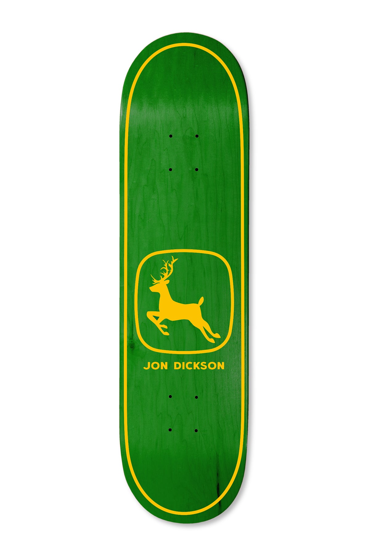Deathwish Dickson Engine 8.475 skateboard deck: A yellow leaping deer in a rounded square badge on a green stained deck with a yellow pinstripe border, in the style of a tractor-maker logo, with Jon Dickson beneath.