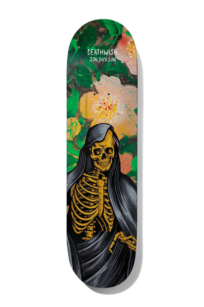 Deathwish Dickson Garden Of Misery 8.0 skateboard deck: A golden skeleton in a long grey hooded robe stands in front of a painted background of large pink and cream blossoms and green leaves. Deathwish and rider name in white at the top.
