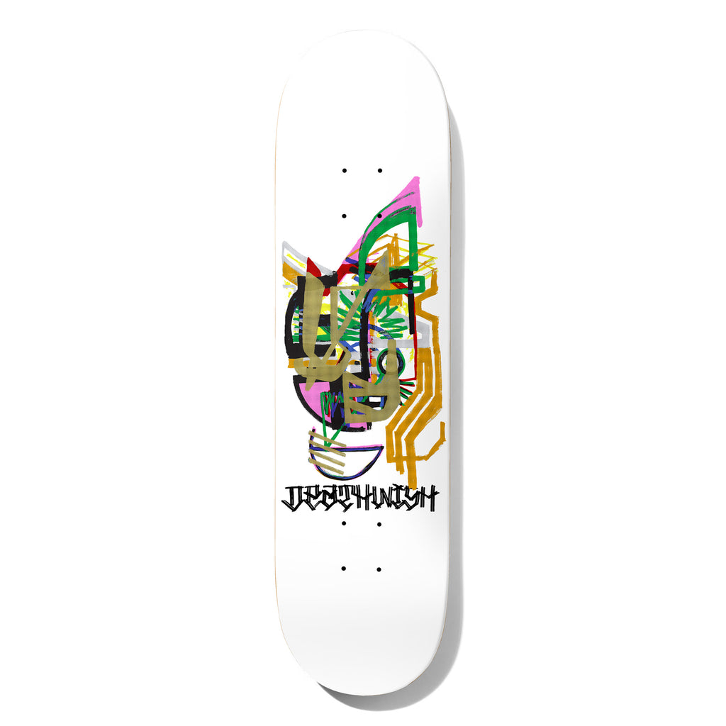 Deathwish Dickson Gold Mask 8.475 skateboard deck: Abstract, expressionist face made of overlapping marker-style lines and blocks in pink, green, gold, black and red, with a gold mask shape in the centre. Black graffiti-style lettering below, on a white deck.