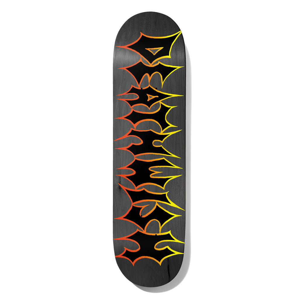 Deathwish Dickson Heavy 8.125 skateboard deck: Grey-stained deck with the Deathwish name in jagged, spiky black lettering outlined with a gradient from red-orange to yellow, running vertically down the board.