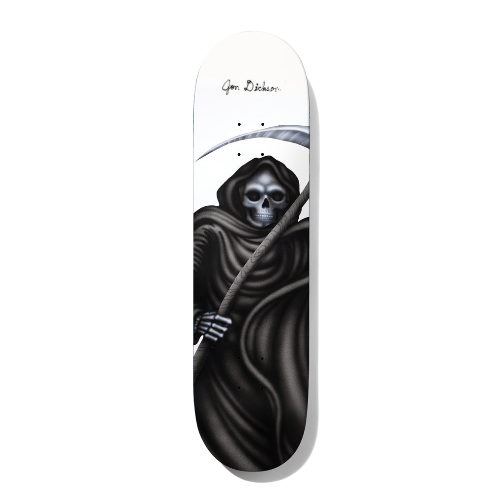 Deathwish Dickson Youre Gonna Lose Your Soul 8.25 skateboard deck: Airbrushed grim reaper in a black hooded robe with a glossy skull face, holding a long scythe, on a white deck. Jon Dickson signature in script at the nose.