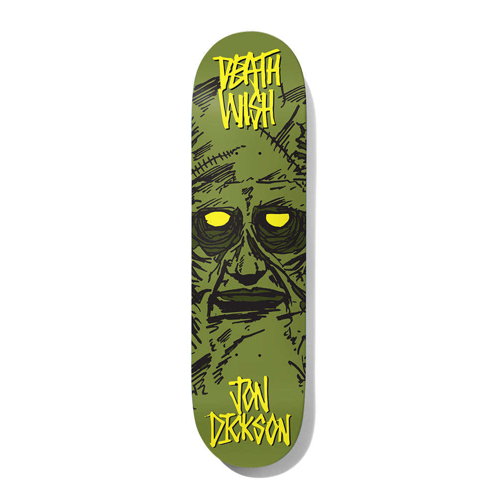 Deathwish Dickson Macabre 8.0 skateboard deck: Olive green deck dominated by a sketchy stitched monster face with glowing yellow eyes. Yellow hand-lettered Deathwish logo at the top and Jon Dickson at the bottom.