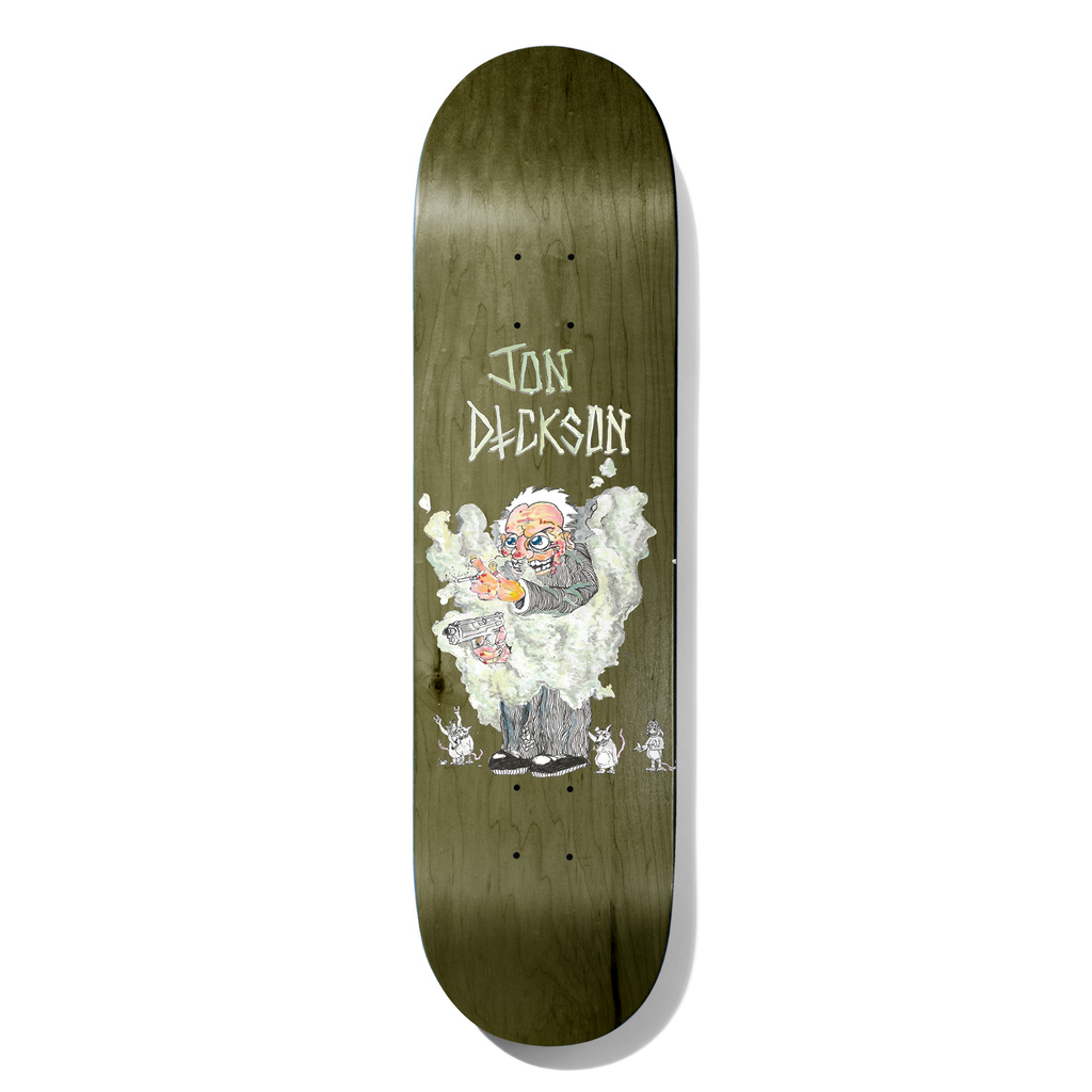 Deathwish Dickson Mice & Men 8.38 skateboard deck: A cartoon elderly man with white hair and wild eyes, wearing a suit and holding a pistol, stands in a cloud of pale smoke with small white mice at his feet. The rider's name is lettered in jagged pale green above, on an olive stained deck.