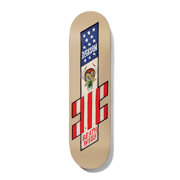 Deathwish Dickson NIGHTMARE CITY 8.125 skateboard deck: Vertical strip graphic with a starry blue flag canton, a horned skull with a yellow pentagram, and red and white stripes forming a Deathwish logo shape on a tan deck.