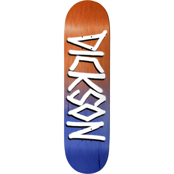 Deathwish Dickson Orange/Navy Gang Name 8.25 skateboard deck: Rider's surname 'Dickson' in white spray-painted Deathwish gang-name lettering running the length of the deck, over an orange to navy blue faded stain.