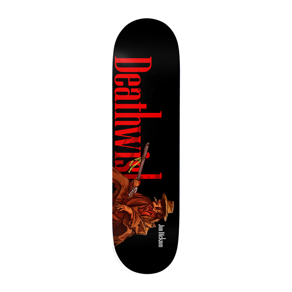Deathwish Dickson Outlaw Black 8.25 skateboard deck: Black deck with large red serif Deathwish lettering up the board, a hatted outlaw in a brown coat and red scarf swinging a shotgun at the bottom. Small white Jon Dickson text beside him.