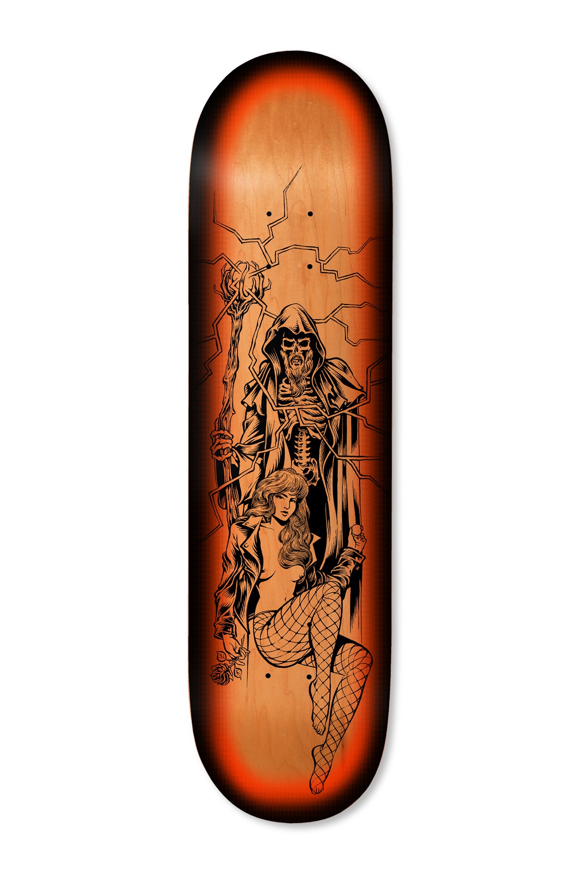 Deathwish Dickson Red Dawn 8.25 skateboard deck: Black line illustration of a hooded skeletal reaper holding a staff with lightning cracks behind, and a woman in fishnet tights sitting at his side, printed on bare natural wood with an orange-to-black burnt edge.