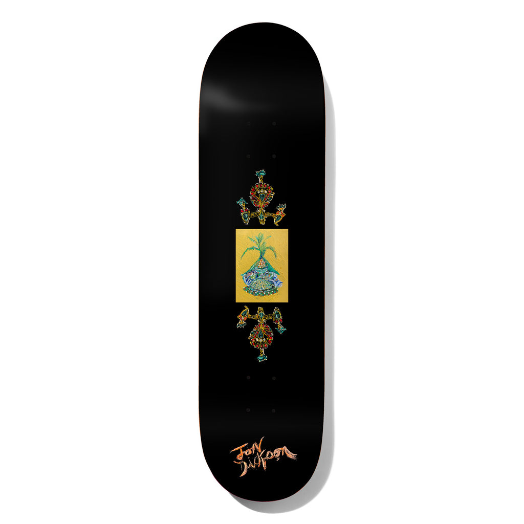 Deathwish Dickson See The Moon 8.5 skateboard deck: A small framed painting of a green plant rising from a blue-and-teal shell or pot on a gold background, between two mirrored ornate jewelled motifs on a black deck. Orange hand-written name at the bottom.
