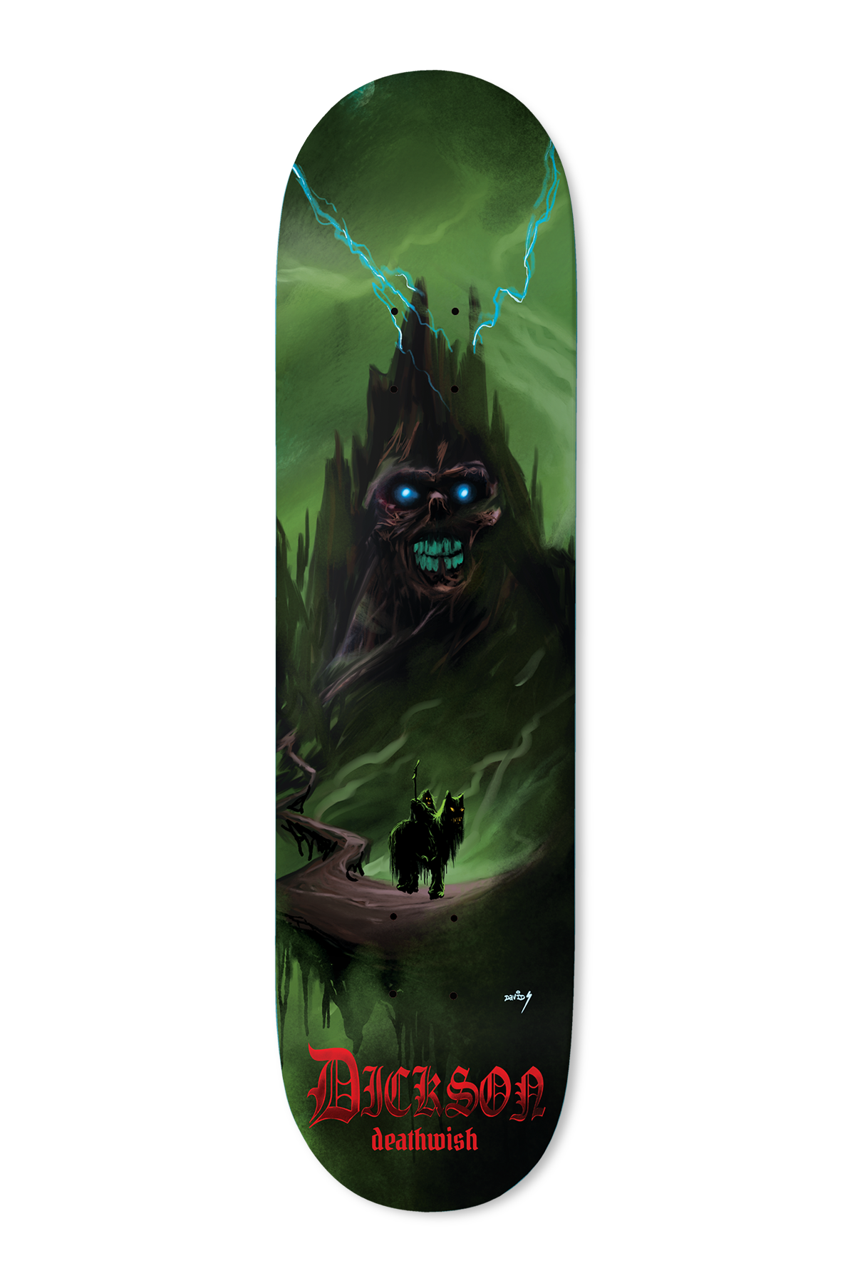 Deathwish Dickson Symphony 8.0 skateboard deck: Painted fantasy scene of a lone rider on horseback on a winding path before a towering dark mountain with a glowing blue-eyed skull face, under a green stormy sky with lightning. Red gothic Dickson name at the bottom.