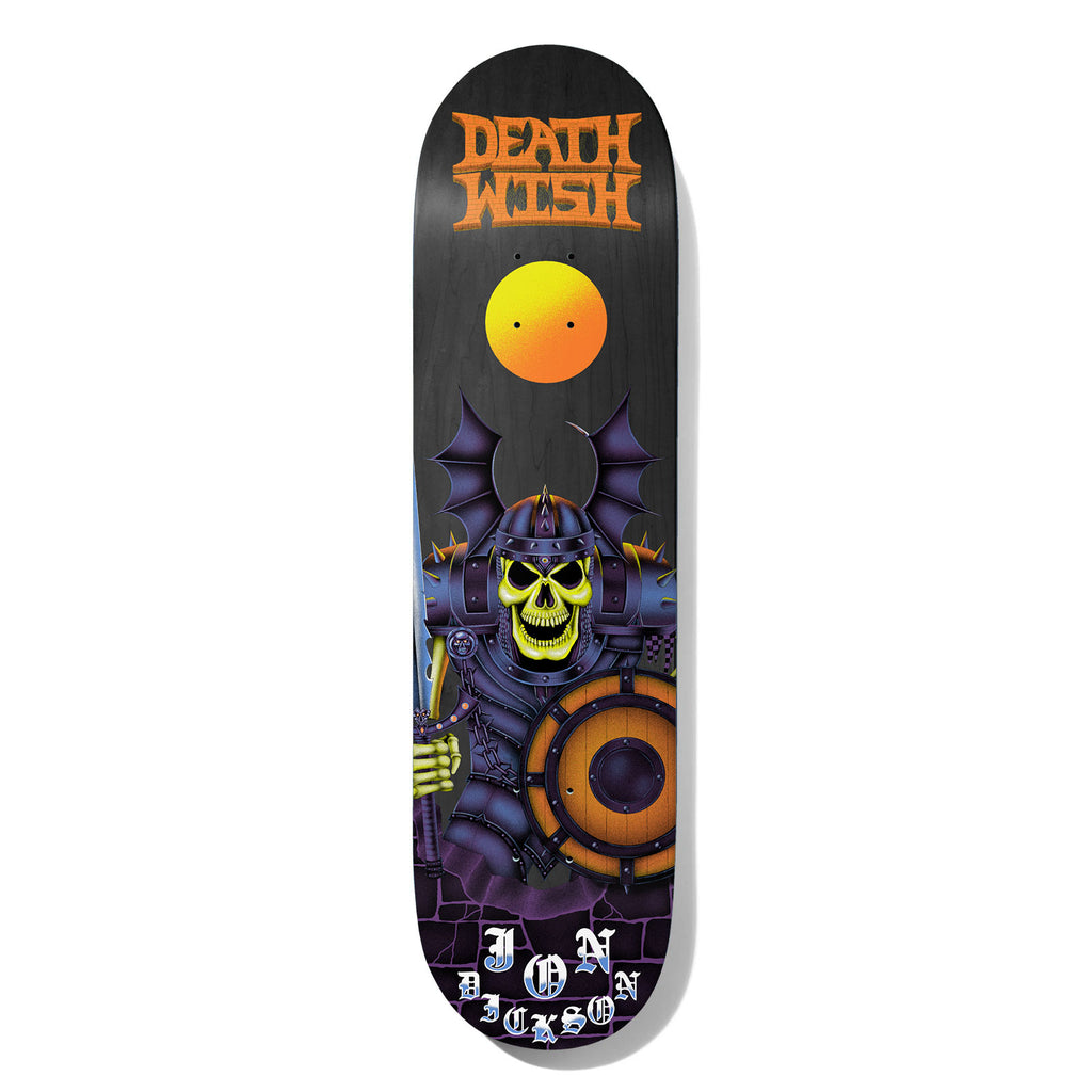 Deathwish Dickson War Masters 8.25 skateboard deck: Black deck with an orange Deathwish logo above a glowing yellow sun, and a green-skulled warrior in purple bat-winged armour holding a sword and round shield in front of a purple brick wall. 'Jon Dickson' in gothic lettering at the tail.