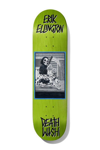 Deathwish Ellington All Screwed Up 8.5 skateboard deck: A grey-toned painting in a blue border shows a skull-faced reaper with a scythe walking a spotted leopard-like dog past a brick wall, on a lime green deck with black graffiti-style Erik Ellington and Deathwish lettering.