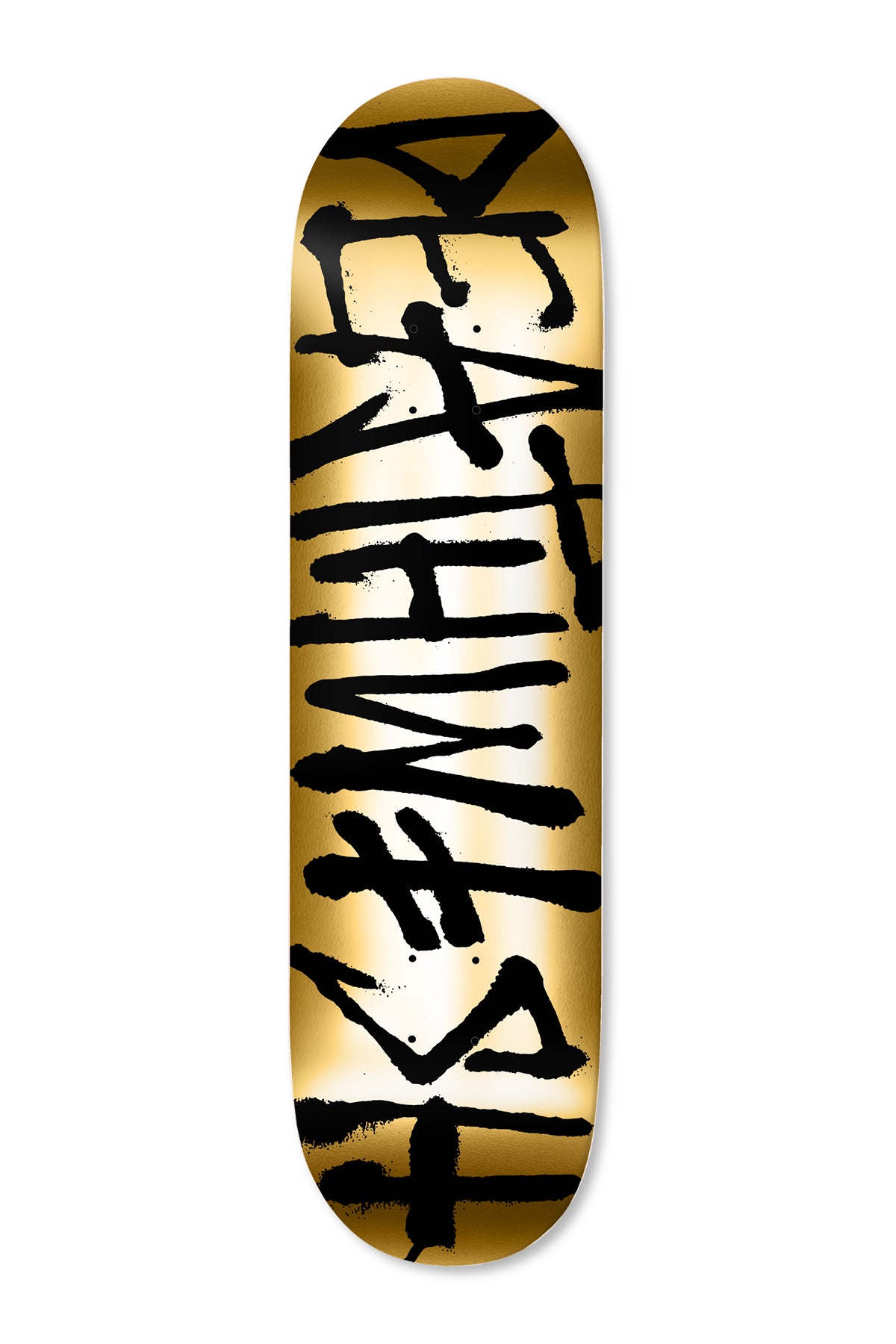 Deathwish El Dorado Spray 8.25 (gold) skateboard deck: Deathwish logo in rough black spray-paint style lettering running the length of the deck, on a reflective gold foil background.