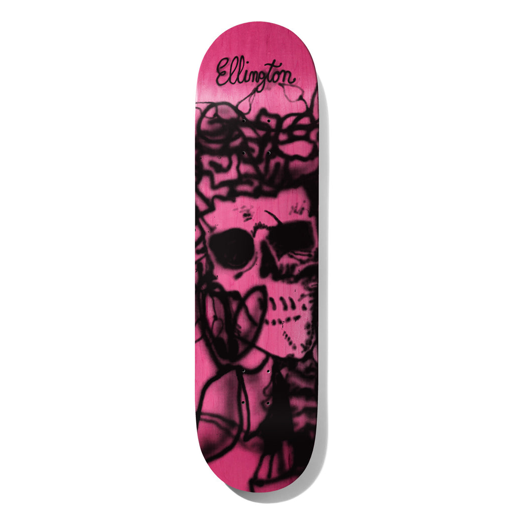 Deathwish Ellington Quarter Century 8.5 skateboard deck: Sprayed black skull with sunglasses-like eye sockets, tangled wire or rose lines and a thorny crown, on a hot pink deck, with Ellington in handwritten script at the top.