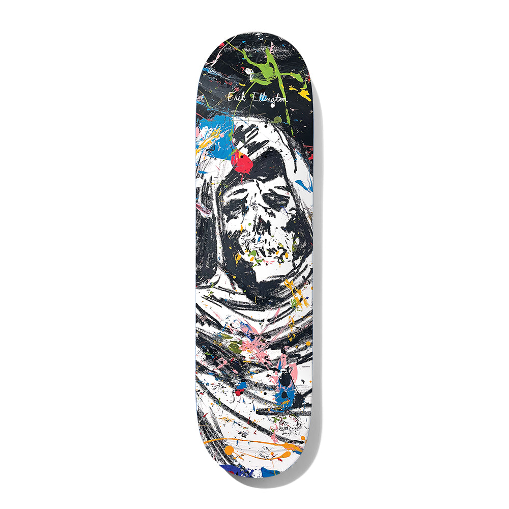 Deathwish Ellington Always Go 8.38 skateboard deck: A loose, painterly black and white hooded skull figure with paint splatters in blue, green, pink, red and yellow over a dark background. The rider's name is handwritten near the top.