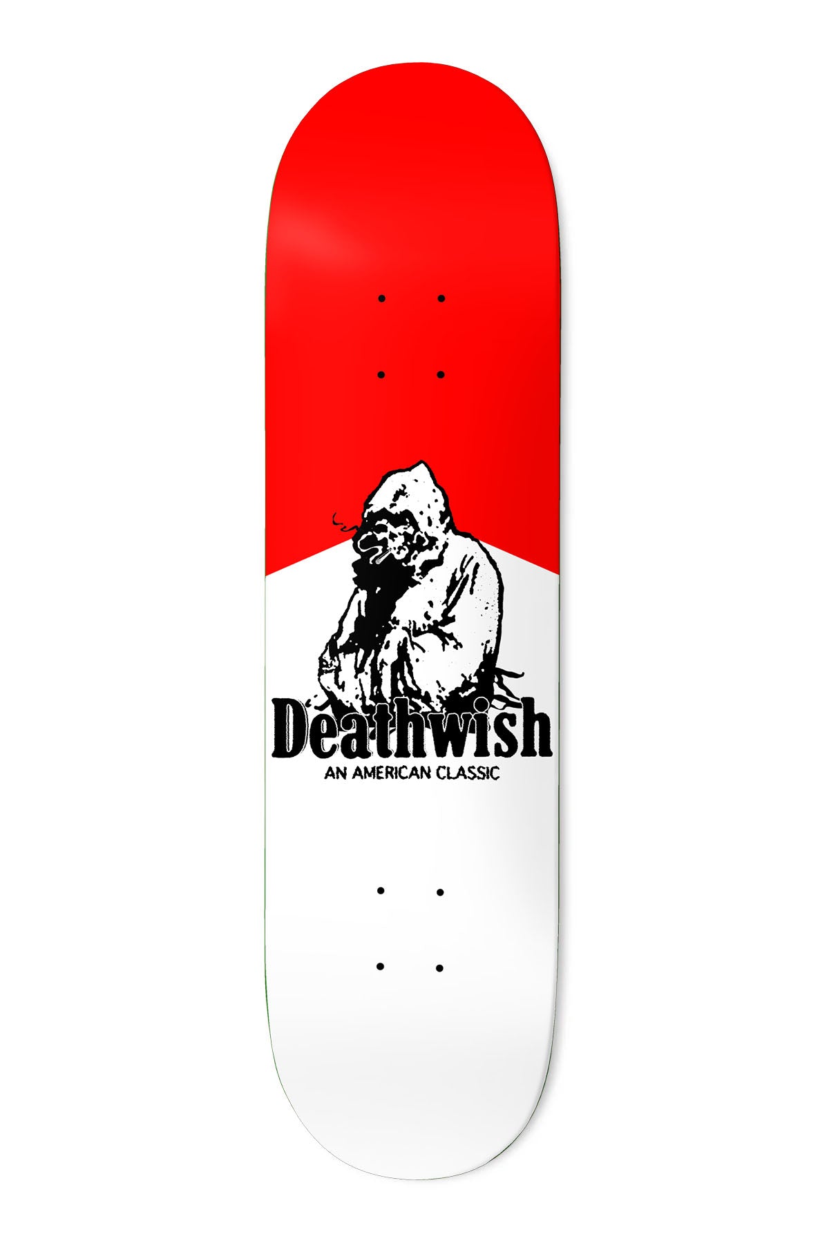 Deathwish Ellington American Classic 8.475 skateboard deck: Cigarette-packet style graphic, red top and white bottom, with a hooded skeletal figure smoking and a Deathwish wordmark in black with the line AN AMERICAN CLASSIC beneath.