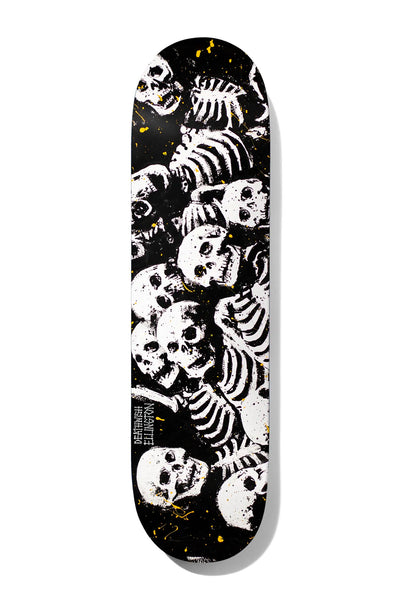 Deathwish Ellington Dead Know 8.25 skateboard deck: A dense pile of white skeletons and skulls in a rough, printed-ink style fills the board on a black background with flecks of yellow paint splatter, with small vertical 'Deathwish Ellington' text near the tail.