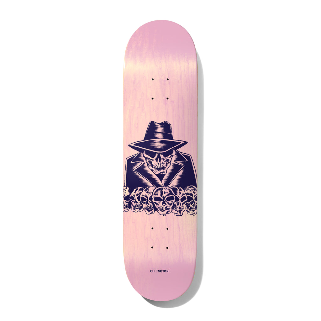 Deathwish Ellington Dealers Choice 8.5 skateboard deck: Pink-stained deck with a navy-purple screen-print of a skeleton in a fedora and suit jacket, rising above a row of smaller skulls. Small rider name near the tail.