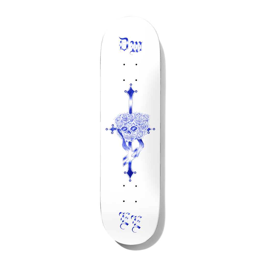 Deathwish Ellington Out Ta Get Me 8.0 skateboard deck: Blue ballpoint-style drawing of a skull wearing a rose crown over a cross, with gothic letters DW at the nose and EE at the tail, on a white deck.