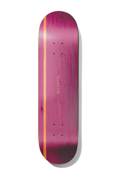 Deathwish Ellington Pink Stripe 8.25 skateboard deck: A plain magenta wood-stained deck with a single orange stripe running down the left side and small vertical Ellington text in the middle. No other artwork.