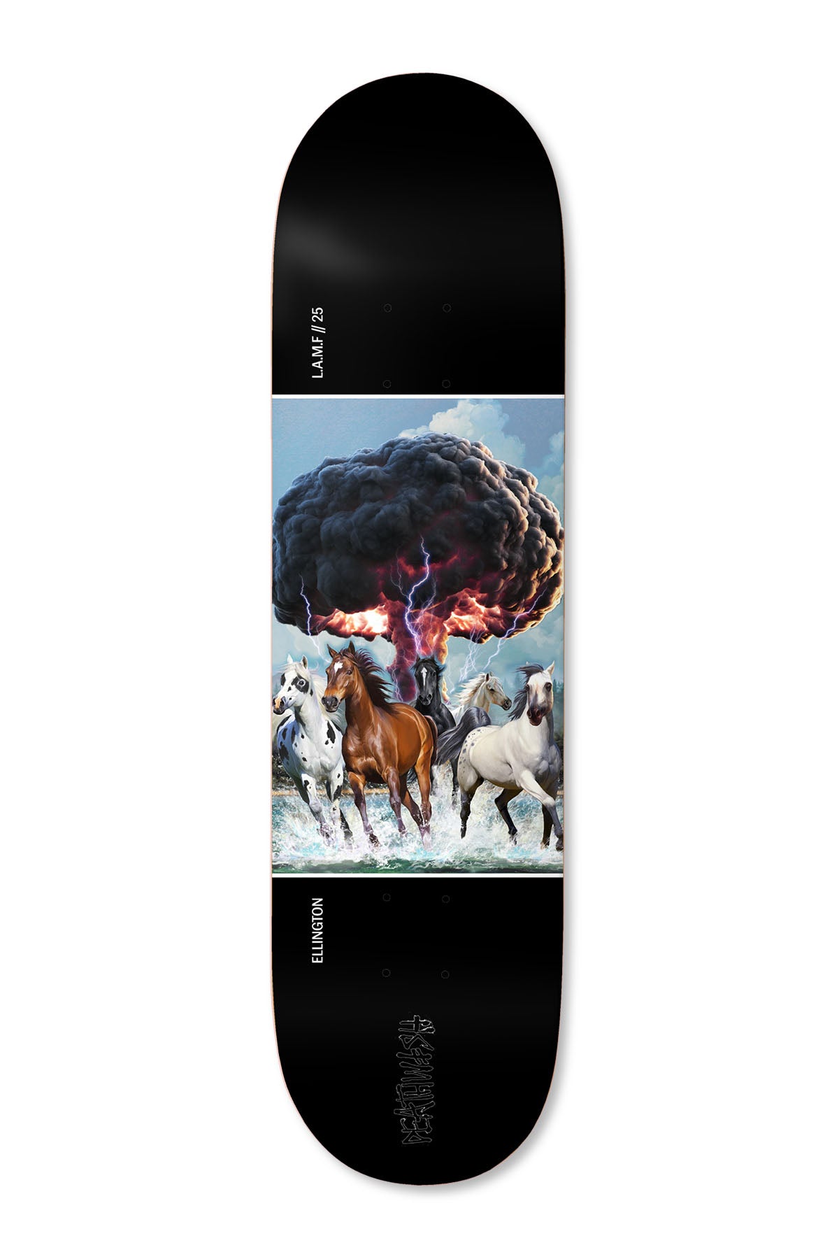 Deathwish Ellington Post Modern 8.25 skateboard deck: Painted scene of galloping horses splashing through water towards a mushroom cloud explosion with lightning, in a framed panel across the middle of a black deck. Small text beside the panel.