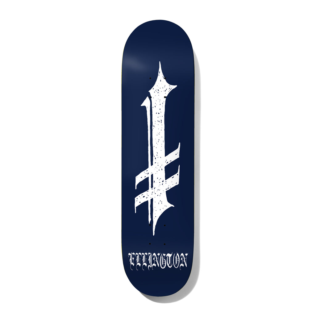 Deathwish Ellington Resurrect 8.25 skateboard deck: Large distressed white blackletter-style cross with a pointed top and two slanted bars on a navy deck, with the rider name in white blackletter at the tail.