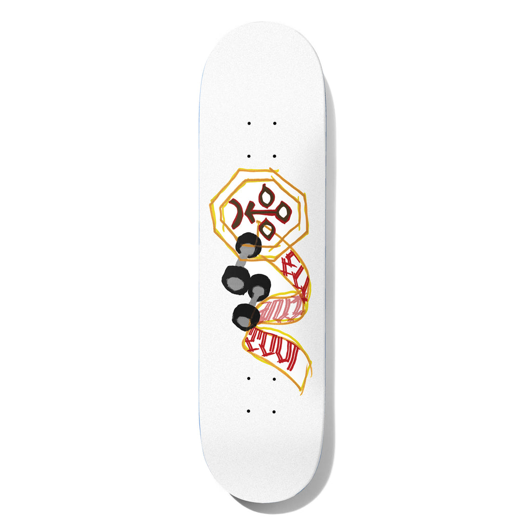 Deathwish Ellington Ribbon 8.125 skateboard deck: A loosely drawn octagonal sign with a dark red symbol, dumbbell weights, and a twisting ribbon with red lettering, all in a rough marker style on a white deck.