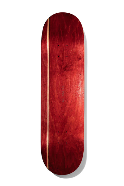 Deathwish Ellington Stripe 8.38 skateboard deck: A plain red-stained deck with a single natural wood stripe running down the left side and a very faint small logo in the middle; no printed graphic.