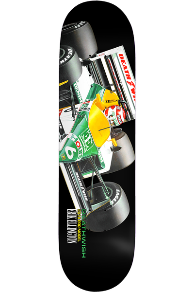 Deathwish Ellington Turbocharger 8.0 skateboard deck: Photographic top-down view of a green, white and yellow Formula One car with large black tyres on a black background. Deathwish logo and Erik Ellington pro model text at the lower left.