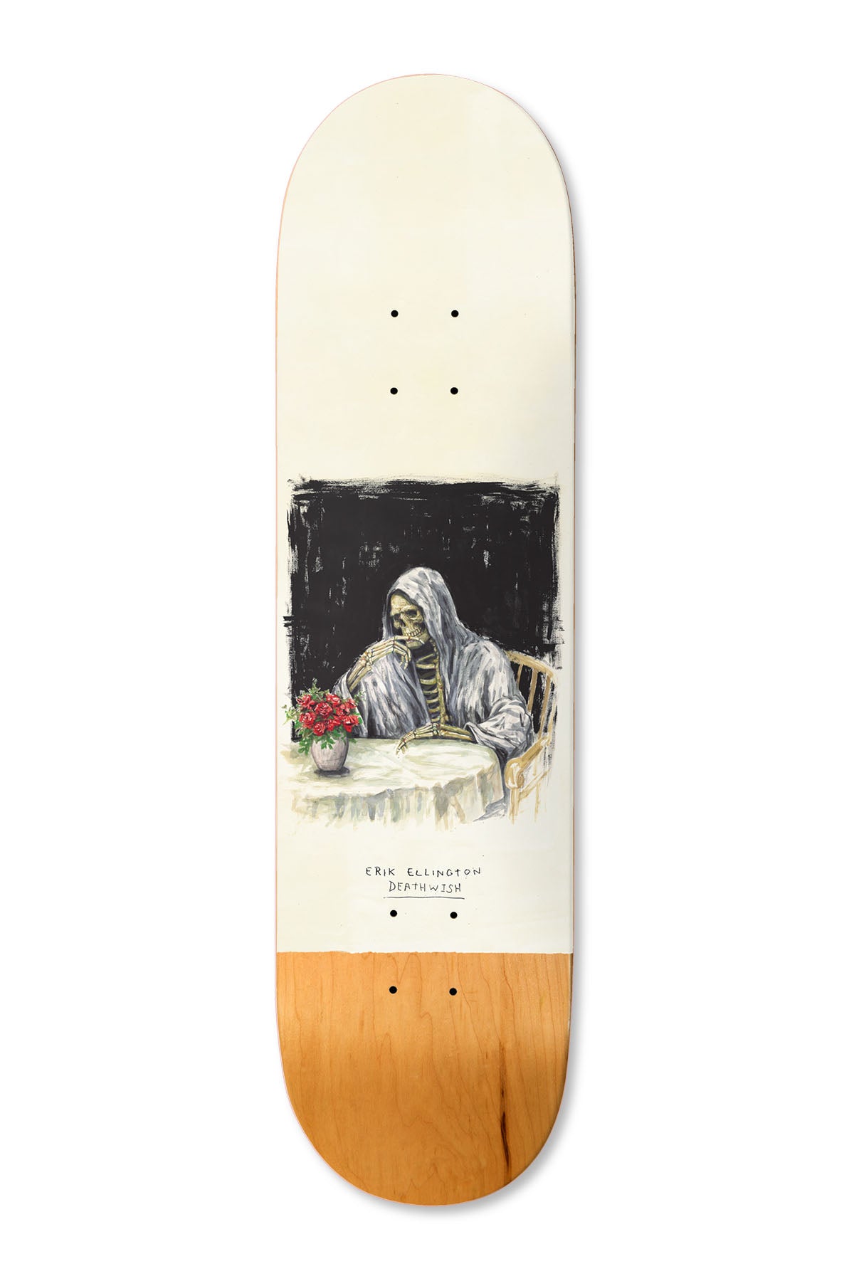 Deathwish Ellington Yesterday Is Gone 8.5 skateboard deck: Painted grim reaper in a white hooded robe seated at a table with a vase of red roses, against a black square, on a cream deck with a natural wood tail. Small hand-written Erik Ellington Deathwish caption.