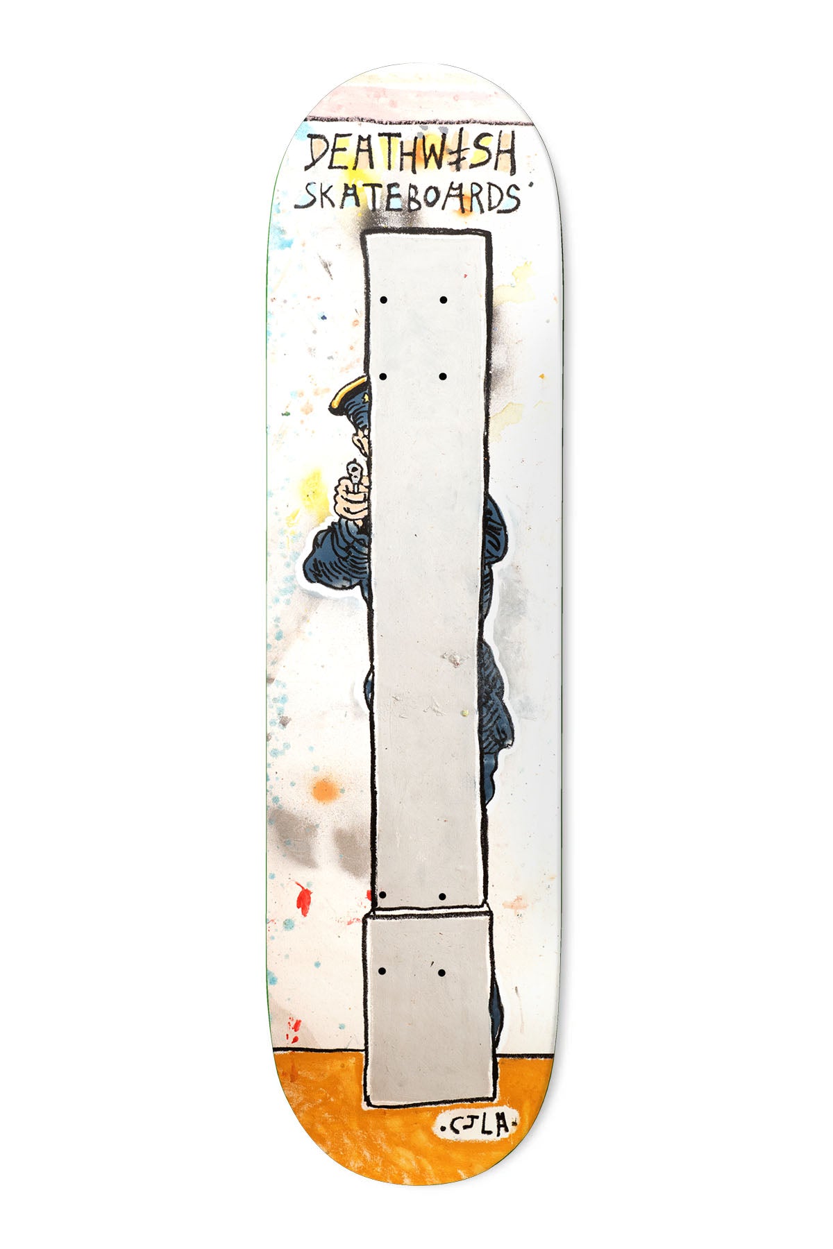 Deathwish Facchini Take Cover 8.38 skateboard deck: Painted-style scene of a police officer in a navy uniform aiming a gun from behind a grey concrete pillar, with Deathwish Skateboards lettering at top, on a splattered white deck with orange ground.