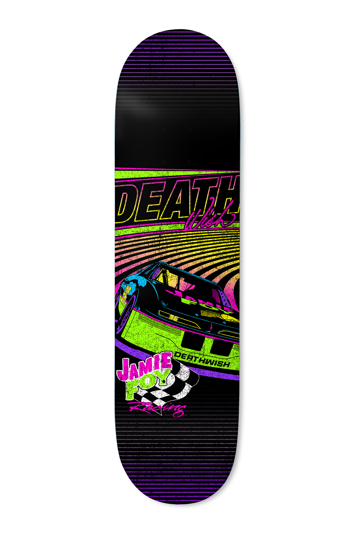 Deathwish Foy 33 Degrees 8.25 skateboard deck: Neon retro racing-poster artwork of a stock car cornering on a banked oval track with horizontal scan lines. Large DEATHWISH lettering, a chequered flag and a hand-written Jamie Foy Racing logo.