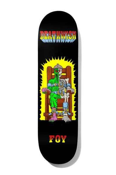 Deathwish Foy 423 8.25 skateboard deck: A green-robed skeleton with a metal cap sits strapped in an electric chair, surrounded by a yellow burst of electricity, with 'Deathwish' in multicoloured block letters above and 'Foy' in red-yellow gradient lettering below, on black.