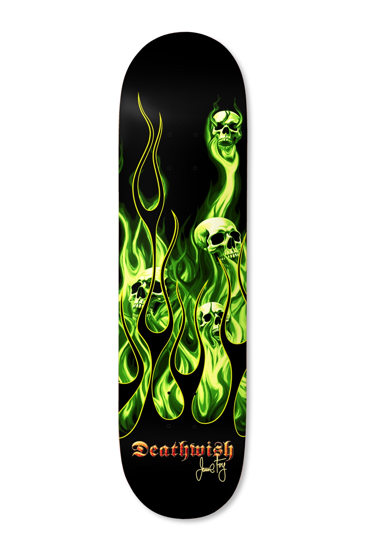 Deathwish Foy Ammonia Burn 8.3875 skateboard deck: Green flames with skulls rising out of them on a black deck, in a custom-paint style with yellow pinstriped edges; 'Deathwish' in red-orange gothic lettering and a signature at the tail.