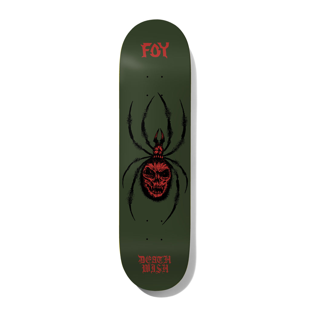 Deathwish Foy Arachnophobia 8.0 skateboard deck: Black spider whose body is a red fanged skull, drawn in stippled linework, on an olive green deck. Rider surname in red blackletter at the top and Deathwish name at the tail.