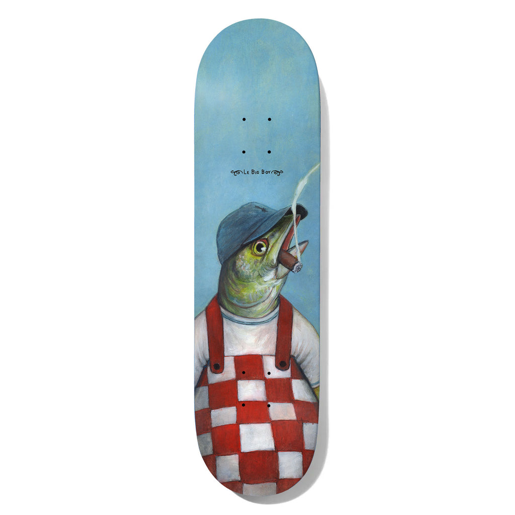 Deathwish Foy Bass Face 8.0 skateboard deck: Painted portrait of a bass fish with a cap and a cigar, wearing red and white checked overalls against a blue sky, in the manner of a classic oil painting.