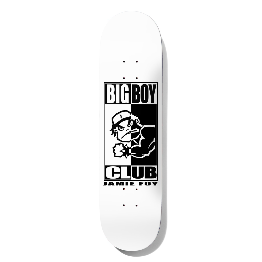 Deathwish Foy Big Boy Club 8.0 skateboard deck: A black and white boxed logo showing a cartoon gorilla in a cap clenching a fist, split half white and half black, with 'BIG BOY CLUB' and 'JAMIE FOY' lettering, on a white deck.