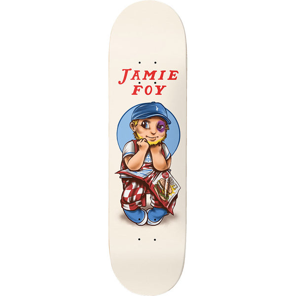 Deathwish Foy Black Eyed Big Boy 8.25 skateboard deck: Cartoon illustration of a seated bearded boy in a blue cap and checked dungarees, with a black eye and chin in hands, holding a burger wrapper, parodying a diner mascot. Cream deck with a blue circle behind him.