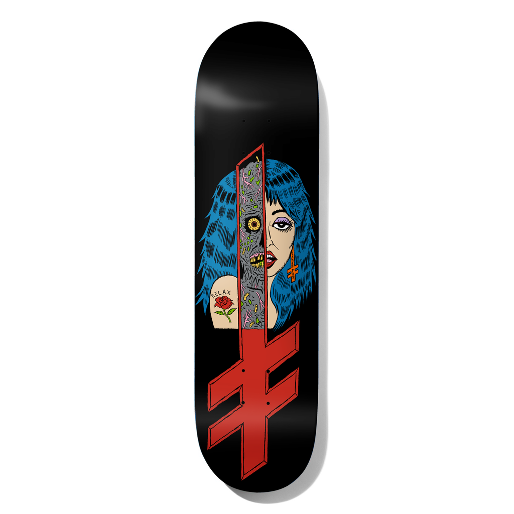 Deathwish Foy Blasphemy 8.38 skateboard deck: Illustrated woman with blue hair, a rose tattoo reading Relax and an upside-down cross earring, with half her face split open to show a decayed zombie face. A red inverted Deathwish cross sits below, on black.