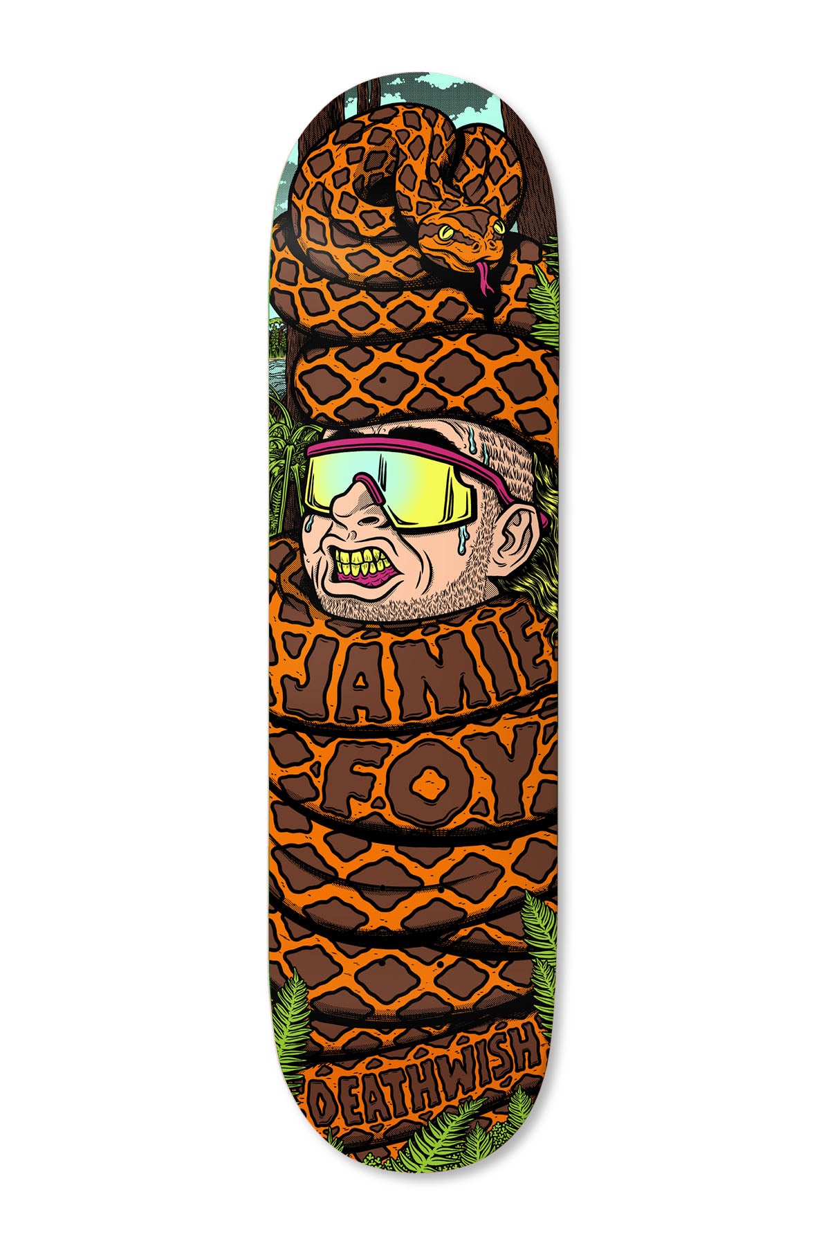 Deathwish Foy Caught Up 8.0 skateboard deck: Cartoon illustration of a man's head with yellow sunglasses and gritted teeth, wrapped in the coils of an orange and brown python, with a smaller snake on top and ferns around. Rider name set in the coils.