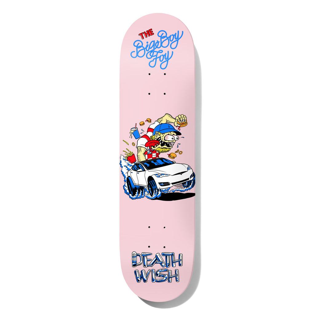 Deathwish Foy Creeps 8.0 skateboard deck: A cartoon hot-rod-style monster in a baseball cap eats burgers and chips while riding a white electric car, on a pink deck. The Big Boy Foy name is at the top in blue script and Deathwish in blue chrome letters at the tail.