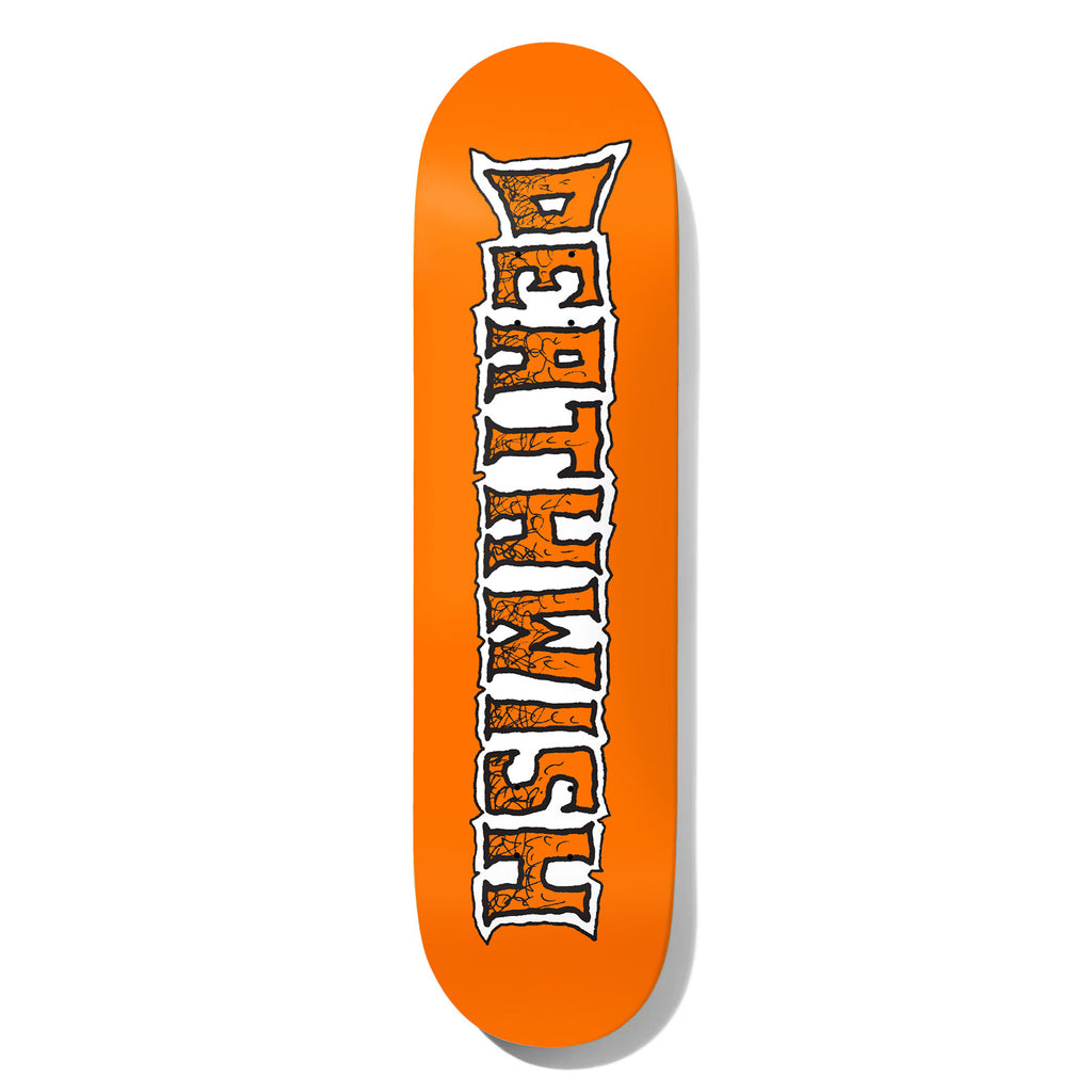 Deathwish Foy Crush 8.25 skateboard deck: Bright orange deck with the Deathwish name in jagged, hand-cut style letters, white with a black outline and filled orange with a cracked texture, running vertically down the board.