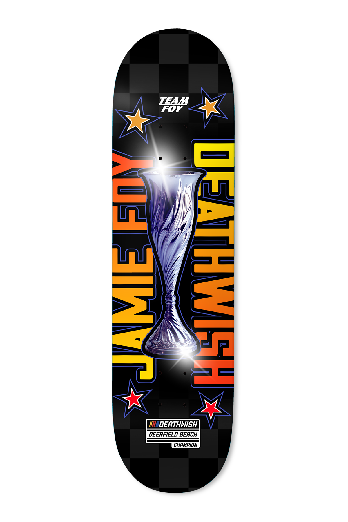 Deathwish Foy DB Champ 8.0 skateboard deck: A shining silver trophy cup between large vertical gradient lettering of the rider's name and DEATHWISH, with stars in each corner, on a black chequerboard. Racing-style Deathwish badge reads Deerfield Beach Champion.