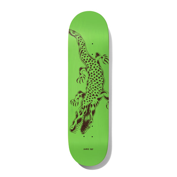 Deathwish Foy Dealers Choice 8.38 skateboard deck: Bright green deck with a brown line drawing of a crocodile in a traditional tattoo style, seen from above with open jaws and claws. Small rider name near the tail.