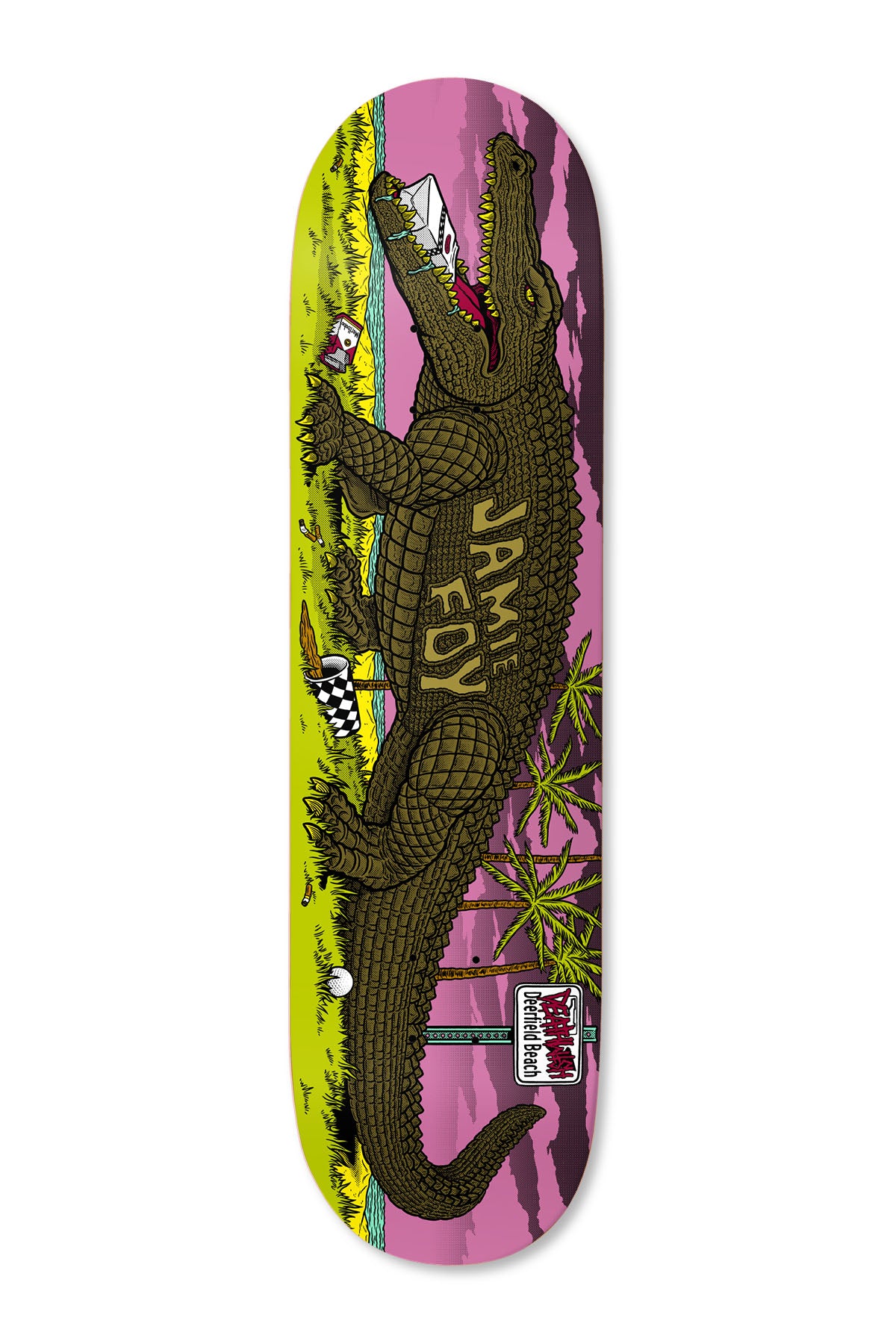 Deathwish Foy Deerfield Mascot 8.25 skateboard deck: Illustration of a large crocodile holding a pizza box in its jaws, on grass beside the sea with palm trees, a chequered flag and a drink cup, under a pink sky. The rider name is on its back and a Deerfield Beach sign at the bottom.