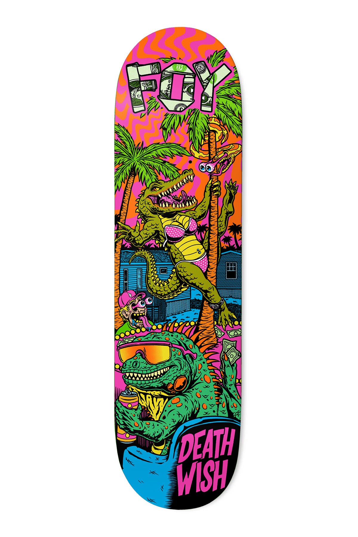 Deathwish Foy Dysfunction 8.25 skateboard deck: Colourful neon cartoon scene with FOY in dollar-bill lettering above a crocodile in a bikini climbing a palm tree, with an iguana in sunglasses eating pizza below, houses behind and DEATH WISH in pink at the foot.