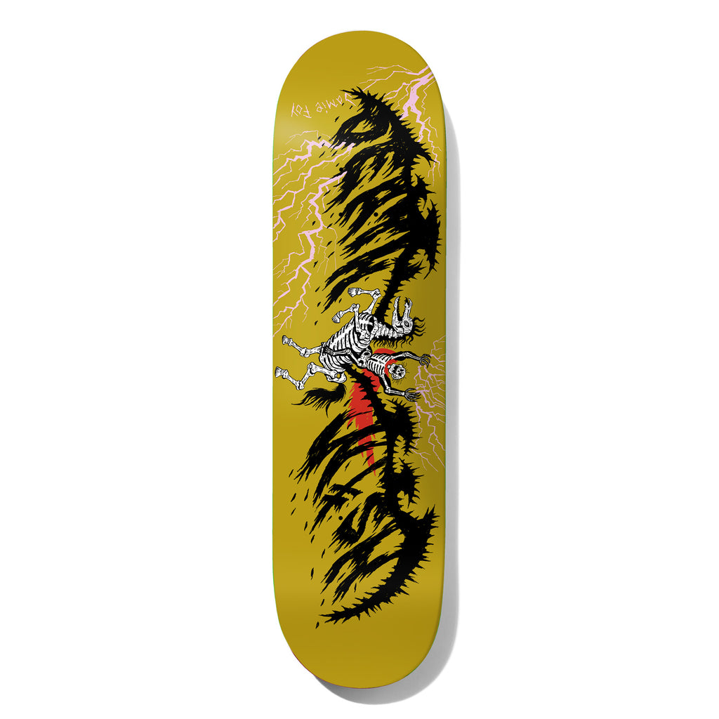 Deathwish Foy Exorcism Failed 8.5 skateboard deck: Skeleton rider on a skeletal horse galloping across the deck, with pink lightning bolts and spiky black metal-style Deathwish lettering above and below, on mustard yellow. Rider's name in scrawled pink text.