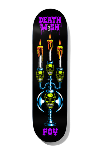 Deathwish Foy Forgotten Relics 8.0 skateboard deck: Gothic candelabra with three lit candles held by yellow-green skulls, with a skull and double-bladed axe base, on a black deck. Dripping purple Deathwish logo at the top and FOY in purple at the bottom.
