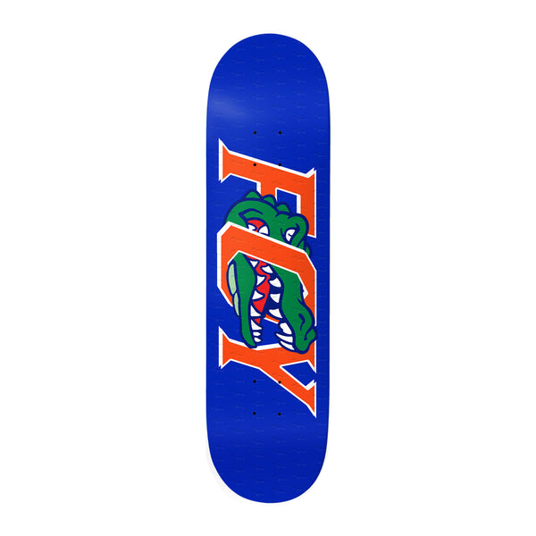 Deathwish Foy Gator Blue 8.5 skateboard deck: Large orange collegiate-style letters spelling the rider's surname with a green alligator head snapping through the middle, on a royal blue deck.