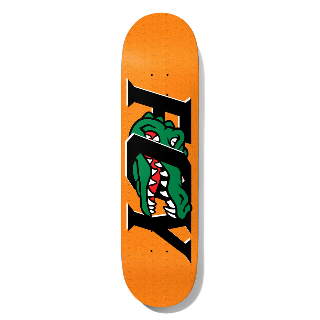 Deathwish Foy Gator 8.5 skateboard deck: A green alligator head with open, toothy jaws bursts through large black serif lettering across an orange ground. The letters are a stretched version of the rider's surname.
