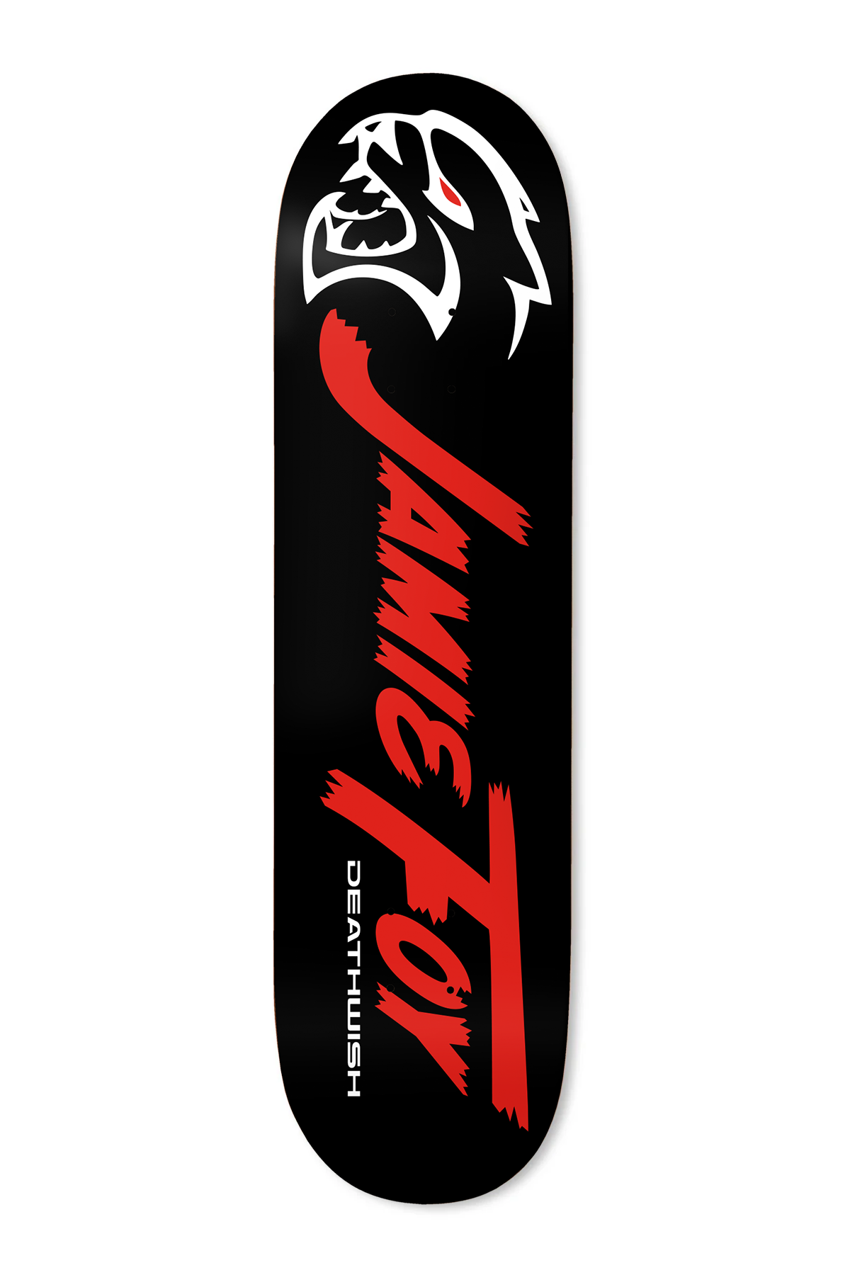 Deathwish Foy Hemi Black Twin 8.25 skateboard deck: Black deck with JAMIE FOY in slanted, jagged red brush lettering running down the board, a white snarling animal head outline at the top and a small white DEATHWISH below.